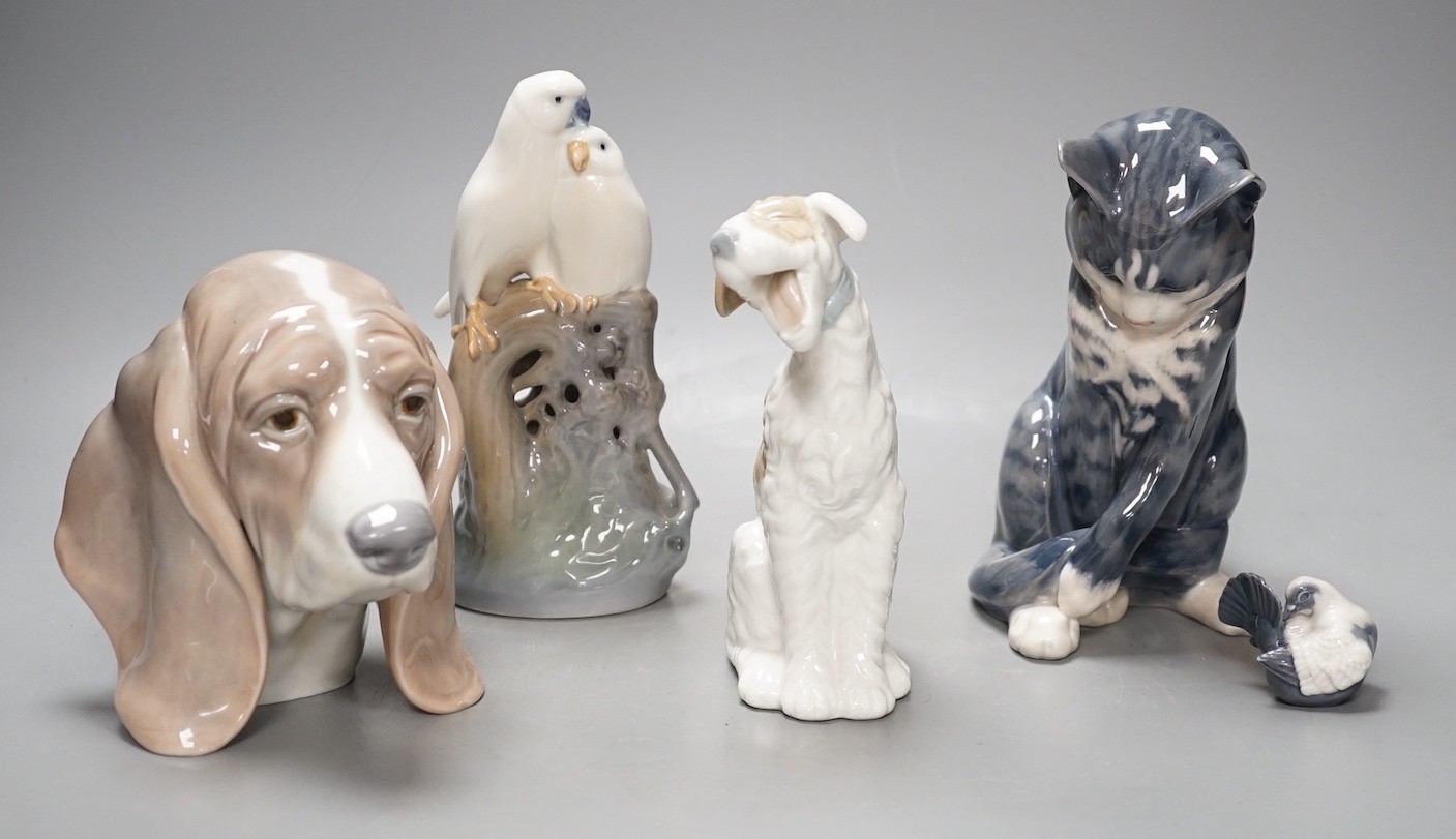 A Royal Copenhagen cat 304, love birds 649, dove 4727, a Lladro dog's head and a Nao figure of a yawning dog - tallest 19cm (5)